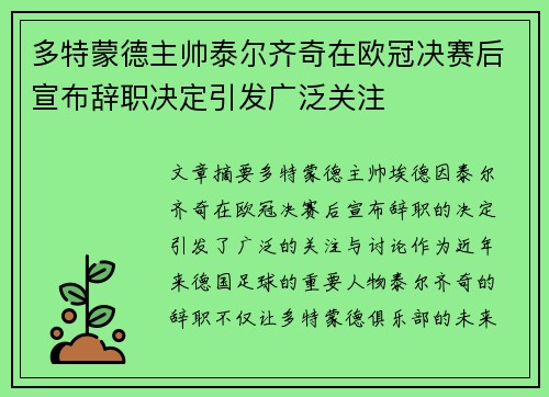 多特蒙德主帅泰尔齐奇在欧冠决赛后宣布辞职决定引发广泛关注 多特蒙德主帅泰尔齐奇在欧冠决赛后宣布辞职决定引发广泛关注